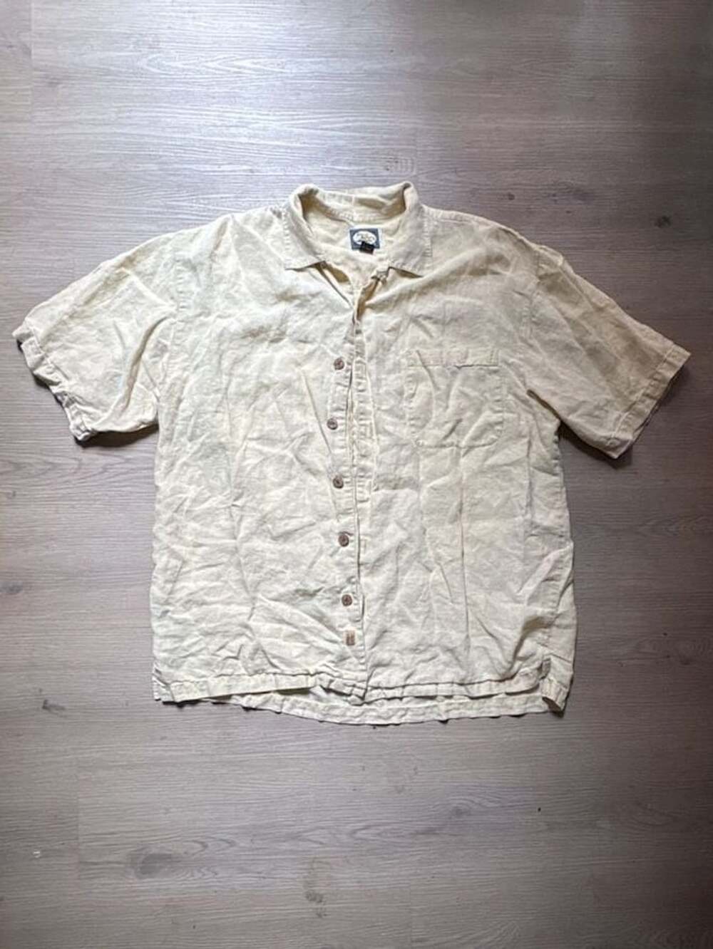 Vtg 90s Tommy Bahama Button Down Shirt Size L Yellow Linen Short Sleeve